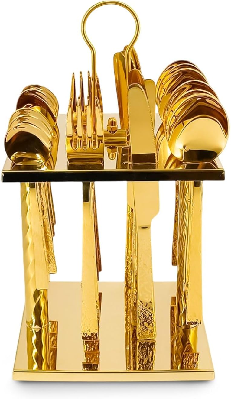 24 Piece Cutlery Set with Stand (6 Knives + 6 Forks + 6 Tbsp + 6 Small Spoons Serves 6 People), Dishwasher Safe (Shape 1)